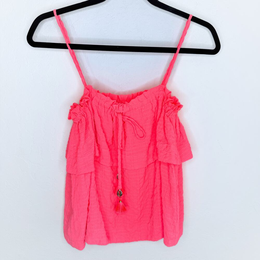 Lilly Pulitzer Mays Neon Coral Ruffle Tank Puka Shell Tassel Vacation Top XS - Picture 3 of 13